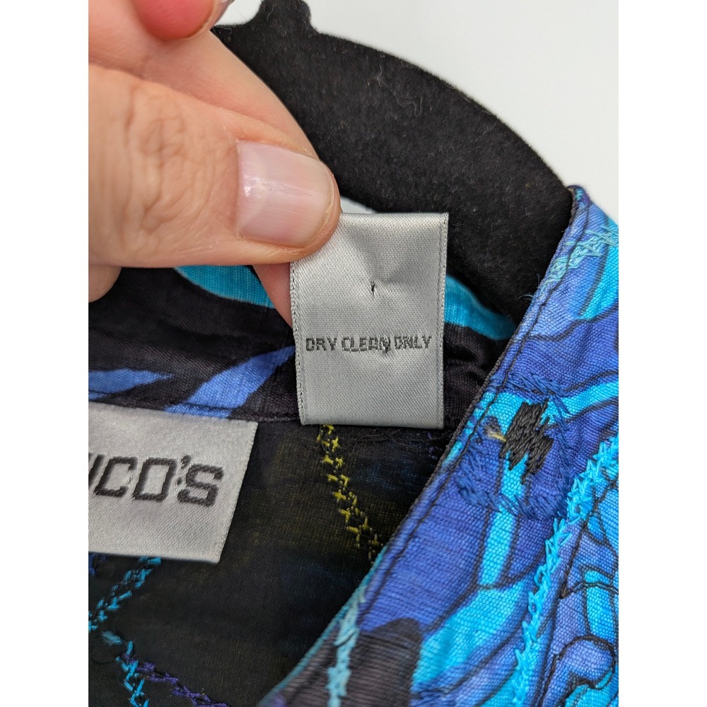 Chicos Silk Jacket Women Medium Blue Floral Art To Wear Embroidered Open Front - Picture 5 of 7